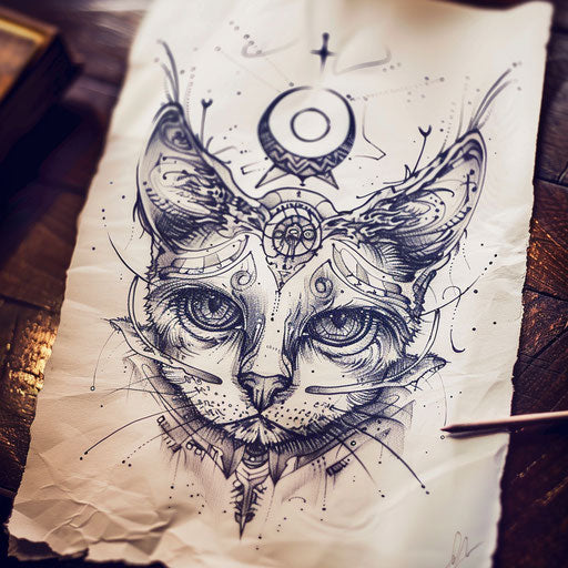 Whimsical flat tattoo sketch of an enigmatic cat with hypnotic eyes