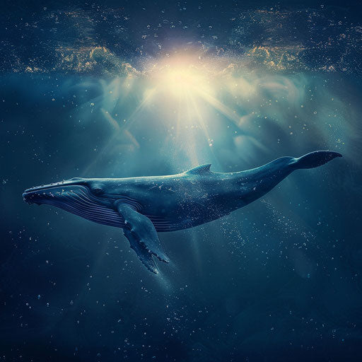 Blue whale viewed from underwater with a sunbeam