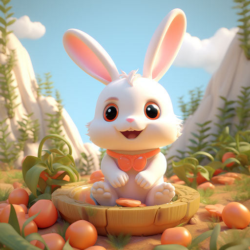 A funny little rabbit holding carrots, anime-inspired style, gifs