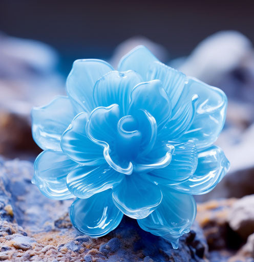 Blue flower surrounded by gravel, translucent resin style
