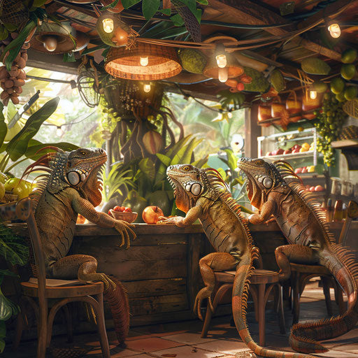 Iguana café in a cozy tropical setting with exotic fruits