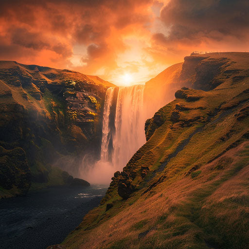 Waterfall with stunning mist and sunset glow