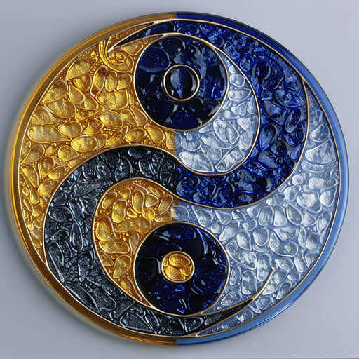 Yin and yang in blue and gold glass on white background
