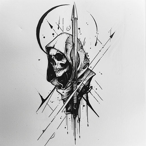 Minimalist black and white tattoo sketch of a reaper