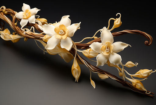 Vanilla flavor with white flower and leaves, tangible texture