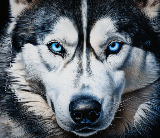 Huskies with deep blue eyes, stark realism