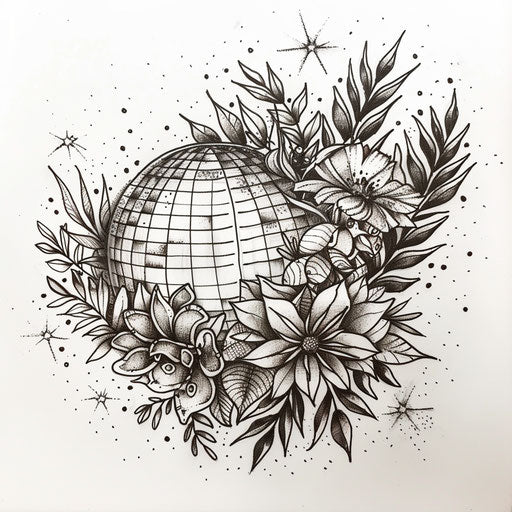 Botanical disco ball tattoo sketch with lush foliage