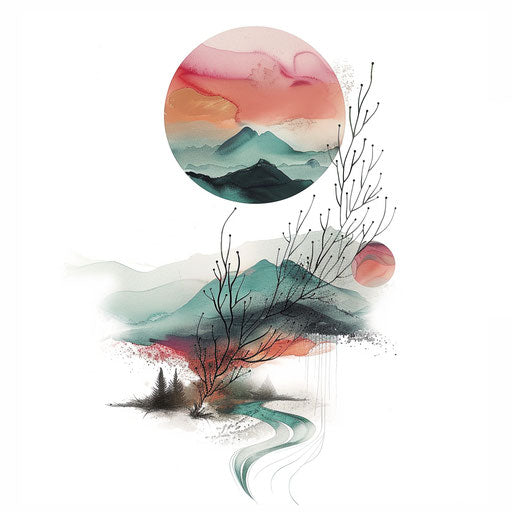 Unalome tattoo blending with serene landscape