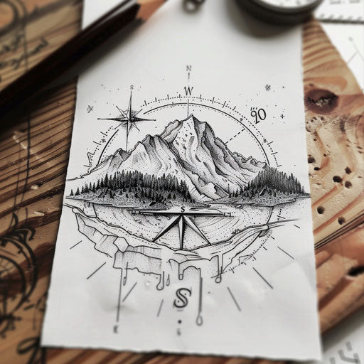 Energetic flat tattoo sketch of a sigil for adventure