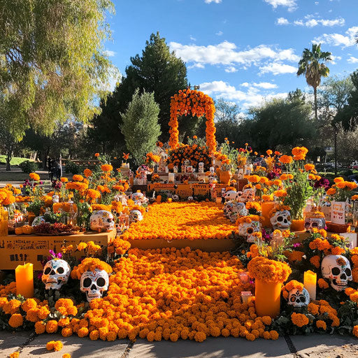 Urban park adorned with altars of marigolds for community celebration