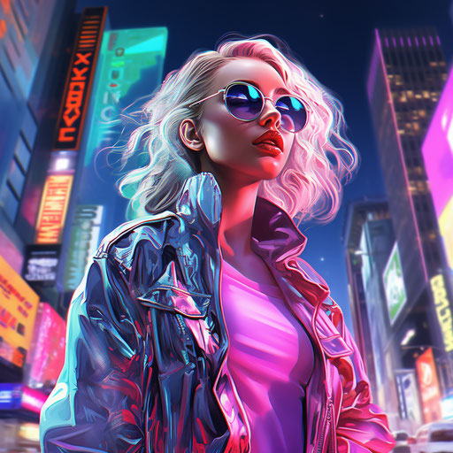 Gen Z individual with holographic fashion in vibrant neon cityscape