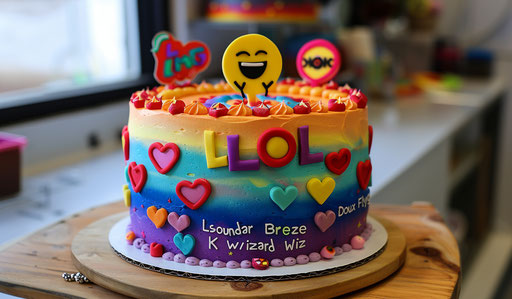 Rainbow-colored cake with emoji and original text