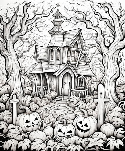Black and white Halloween coloring page, playful texture use
