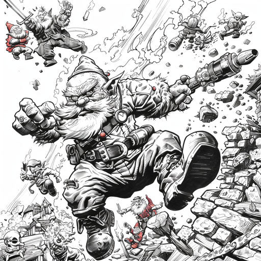 Dynamic action scene with gnome superheroes