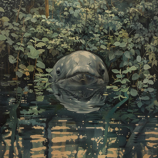 Curious Yangtze river dolphin near water surface with reflected foliage