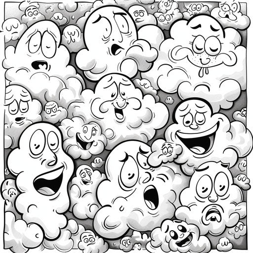 Playful cloud characters displaying various emotions