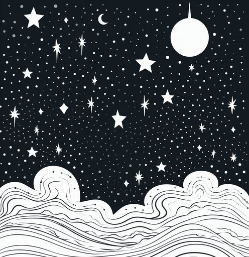 Black stars on white background, whimsical illustration