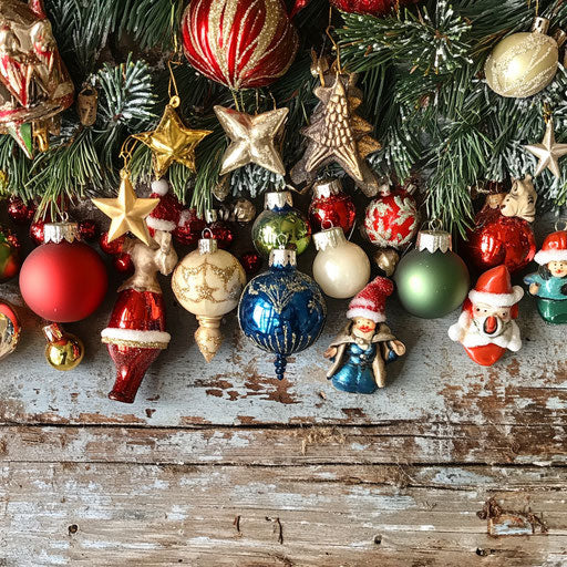 Border of vintage Christmas ornaments with a touch of nostalgia