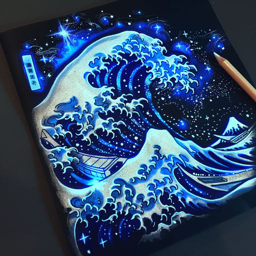 Clipart style tattoo sketch of a Japanese wave with cosmic theme
