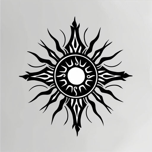 Flat tattoo sketch of a neo tribal sun with radiating symmetrical lines
