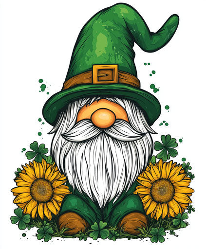 St. Patrick's Day Gnome with Sunflowers and Clover in a Hat