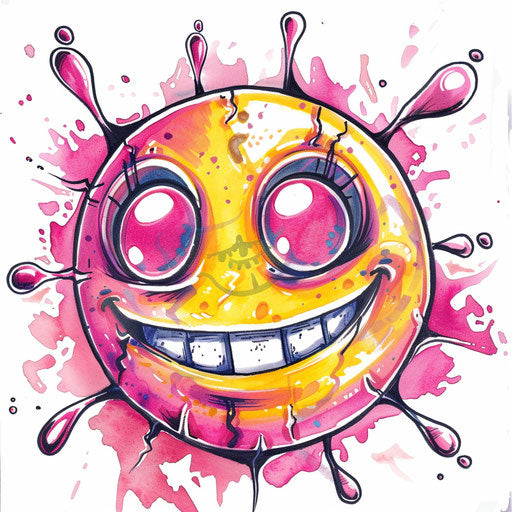 Drawing of cute and cartoon smiley face tattoo, bright and cheerful, on white