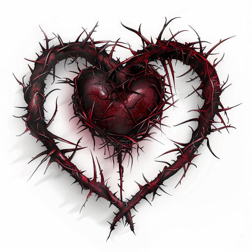 Crown of thorns circling a heart, red and black tattoo design on white