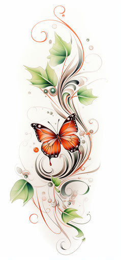 Stylized orange butterfly and green leaves, tattoo style