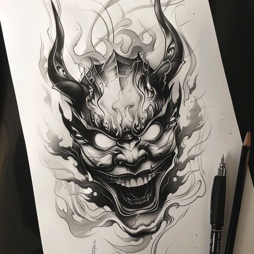 Flat sketch of a Hannya mask with a mysterious aura