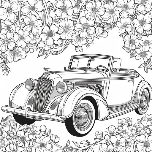 Old car surrounded by blooming flowers. Coloring book page