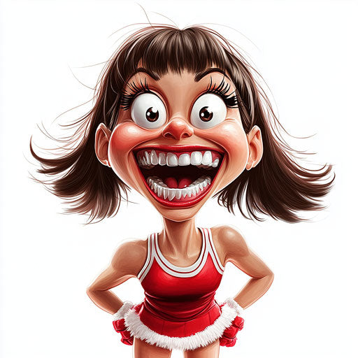 Humorous caricature of an exaggerated cheerleader with scary teeth