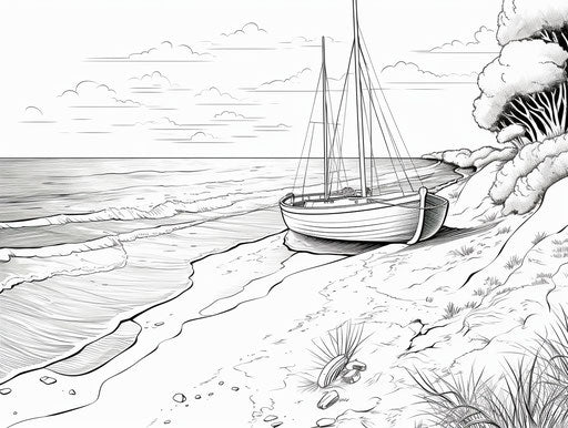 Printable beach coloring pages, graphic illustrations