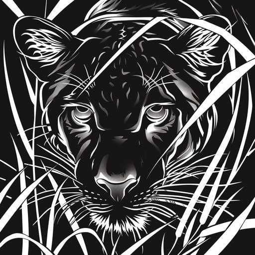 Black panther with glowing eyes emerging from the shadows. Coloring book page
