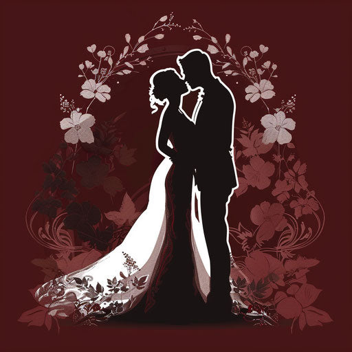 Photo realistic wedding clipart on flat, rich burgundy background