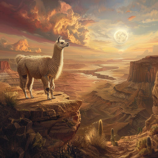An alpaca's journey through a desert landscape