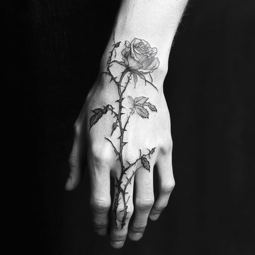 Cool hand tattoos of a delicate rose with thorns in the style of Maria Sibylla Merian