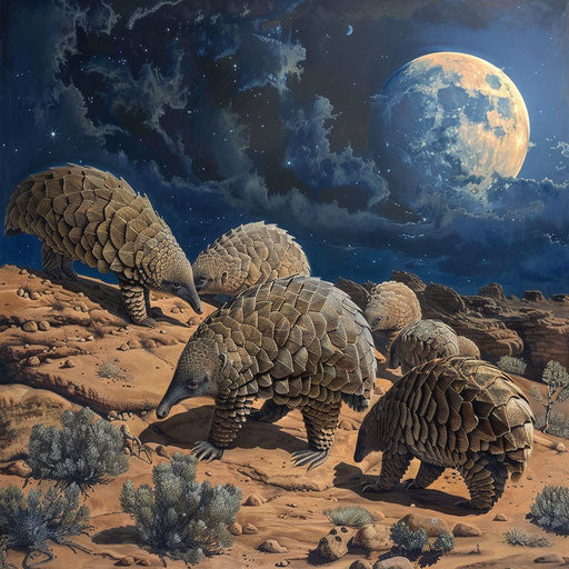 Nocturnal parade of pangolins in a moonlit desert landscape