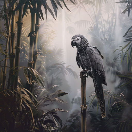 African grey parrot on a bamboo stalk in a misty jungle