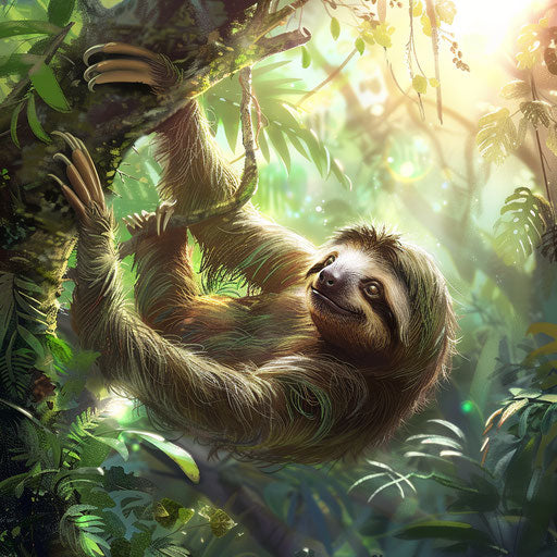 Sloth hanging from tree branch in vibrant rainforest