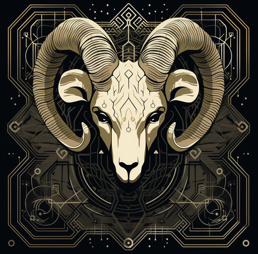 Isolated ram head on geometric tattoo-inspired grid