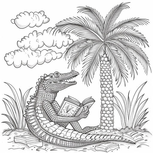 Playful alligator with book under palm tree