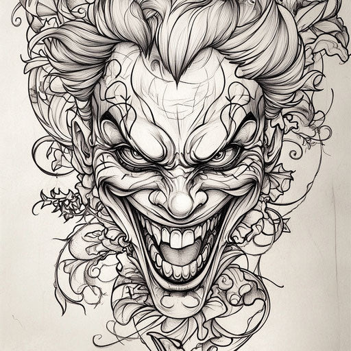 Flat tattoo sketch of joker card with mysterious smile