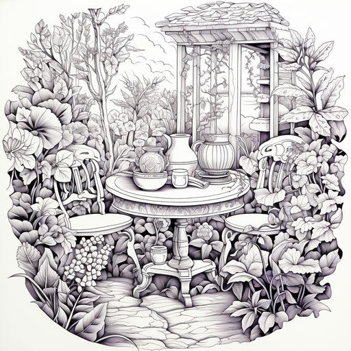 Purple garden table coloring page, captivating style, ilford pan f