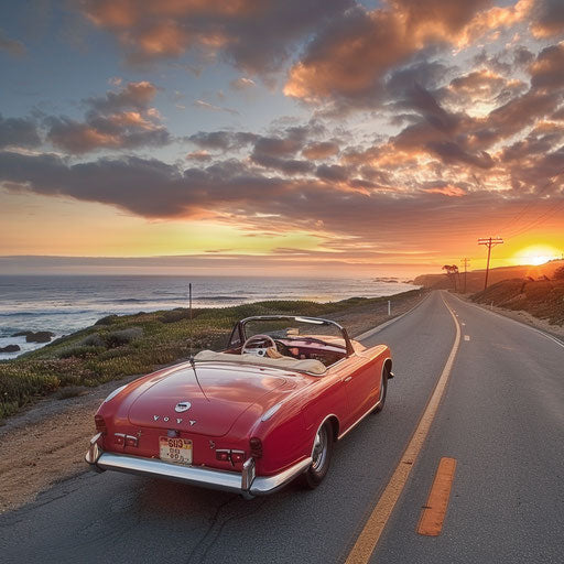 1966 Volvo P1800 roadster shining under the sunset on a coastal road, with surfboards on the roof
