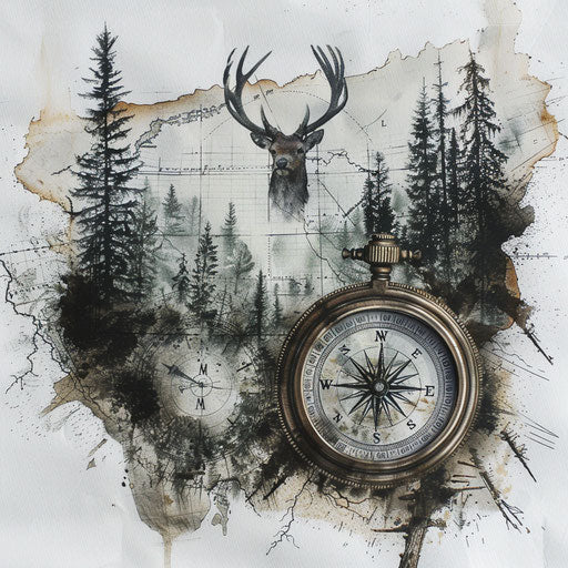 Hunter's tattoo: compass, map, forest on white canvas