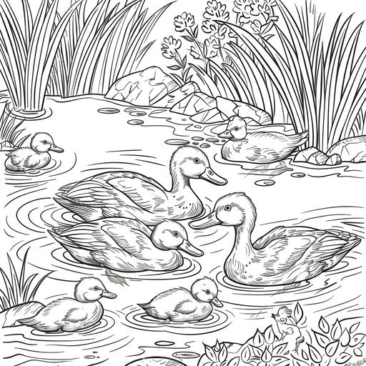 Family of ducks swimming in a spring pond