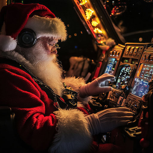 Busy Santa checking GPS on Christmas Eve, high-tech controls lit up