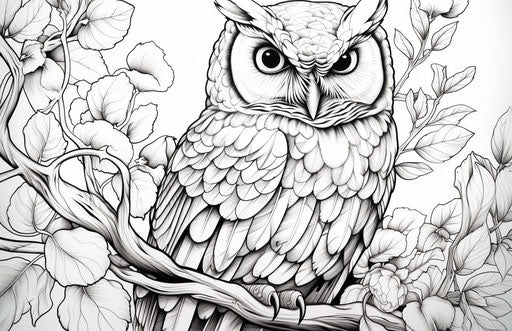 Coloring page for an owl, black and white, lovely inking style