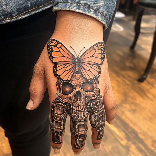 Skull butterfly tattoo on hand with futuristic armor