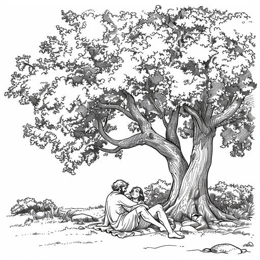 Adam and Eve resting under a large tree
